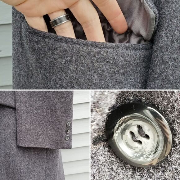 Vintage 80s Retro Preppy Acadamia Charcoal Gray Wool Long Mens Trench Coat XL - Picture 5 of 7